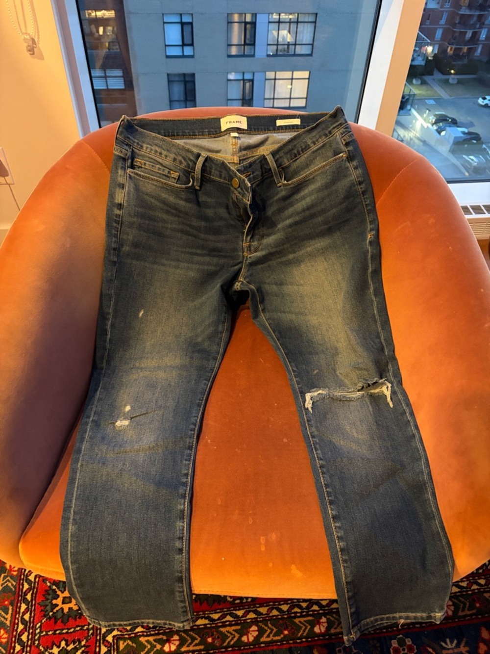 Frame Denim Straight-Leg Distressed Blue Jeans - Women's